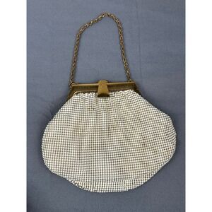 Whiting & Davis White Metal Mesh Evening Bag Gold Tone Frame Chain Purse VTG USA